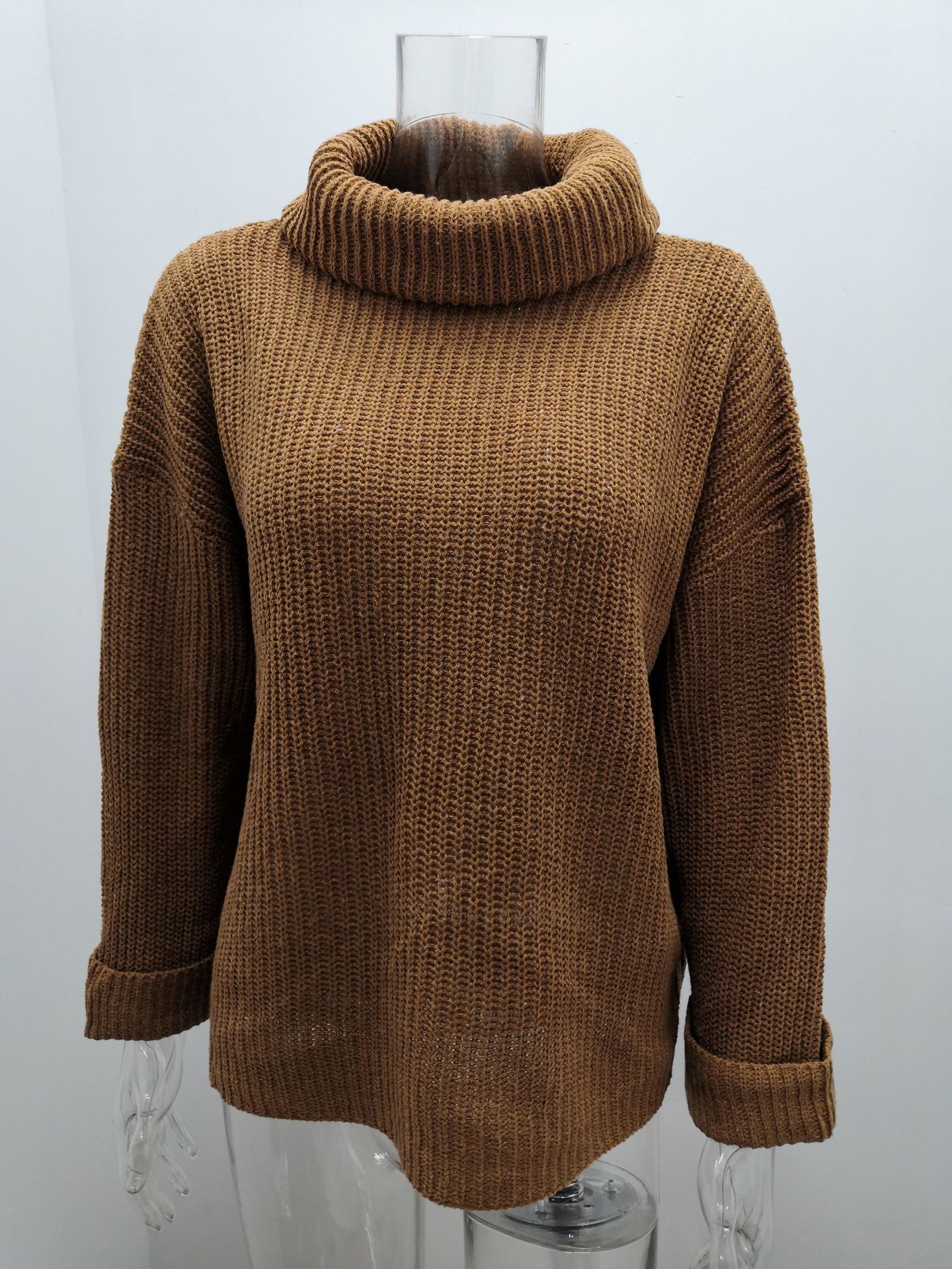 Damen Hochkragen Strickpullover Für Herbst Und Winter Einfarbig_voghion.com