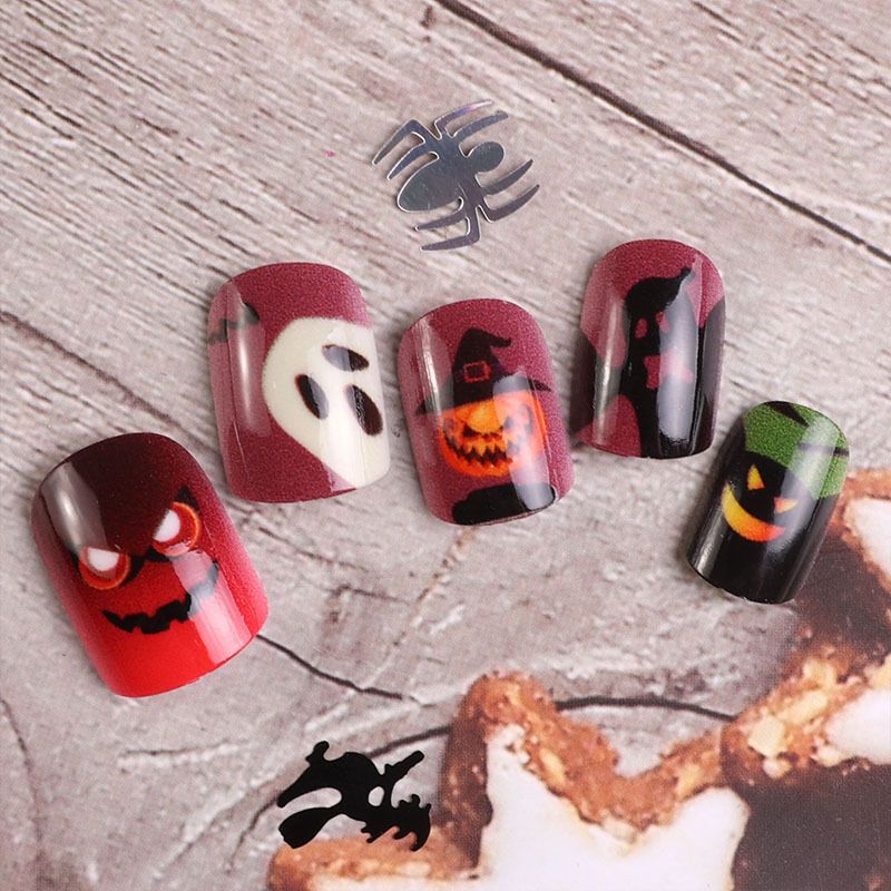 Vestido europeo americano Halloween manicure rojo negro contraste esqueleto cara fantasma cabeza de calabaza diablo manicure