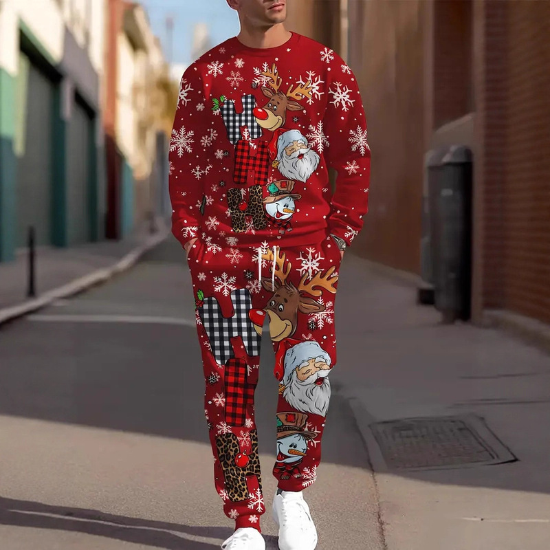 2025 Spring and Autumn New Cross-Border Fashion Christmas 3D Digital Printing Men's Round Neck Sweatshirt Men's Sports Suit