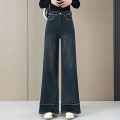 复古加绒阔腿牛仔裤2025秋冬秋冬季新款高腰宽松显瘦垂感毛边筒裤
