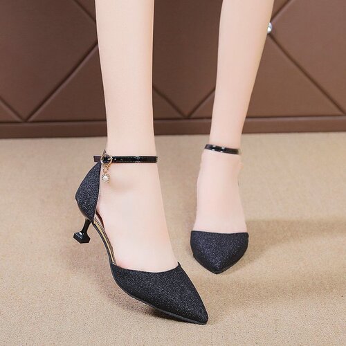 2025 Summer New Pointed-Toe Slim Heel Sandals with One-Buckle Strap Hollow High Heels Glitter Bridesmaid Women's Shoes Wholesale