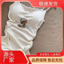 可爱卡通小熊吊带睡裙女款夏季蕾丝花边带胸垫长裙家居服大码睡衣