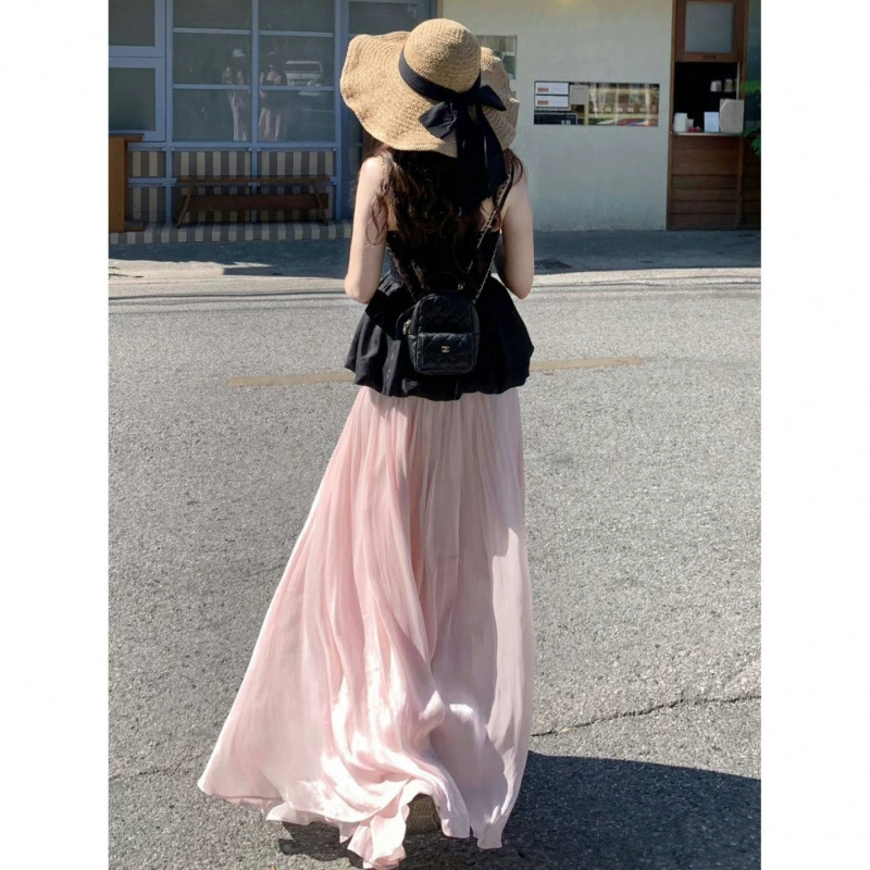 Высокая и широкая юбка, сверкающая эластичная элитная элегантная удлиненная розовая юбка А-силуэта с высокой талией.