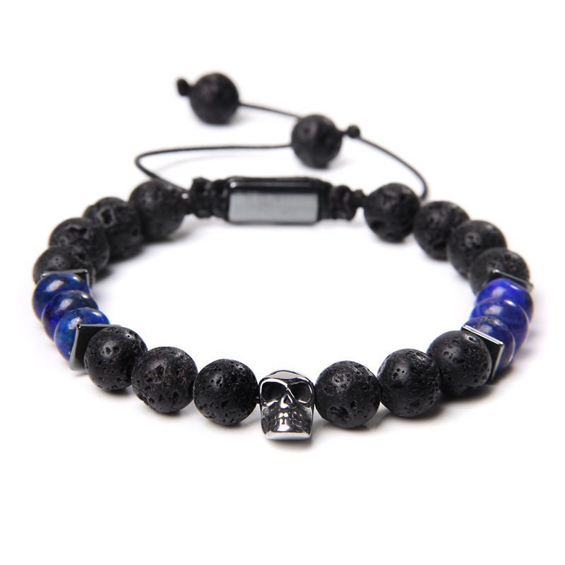 European and American Cross-Border Skull Hand-Woven Bracelet for Men, Retro Simple Volcanic Stone Beaded Lapis Lazuli Adjustable Style European and American Cross-Border Skull Hand-Woven Bracelet for Men, Retro Simple Volcanic Stone Beaded Lapis Lazuli Adjustable Style