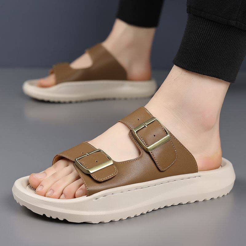 Dép sandal nam quai ngang đục lỗ kiểu La Mã, đế bằng 2 cm, thoáng khí — Màu nâu, màu đen