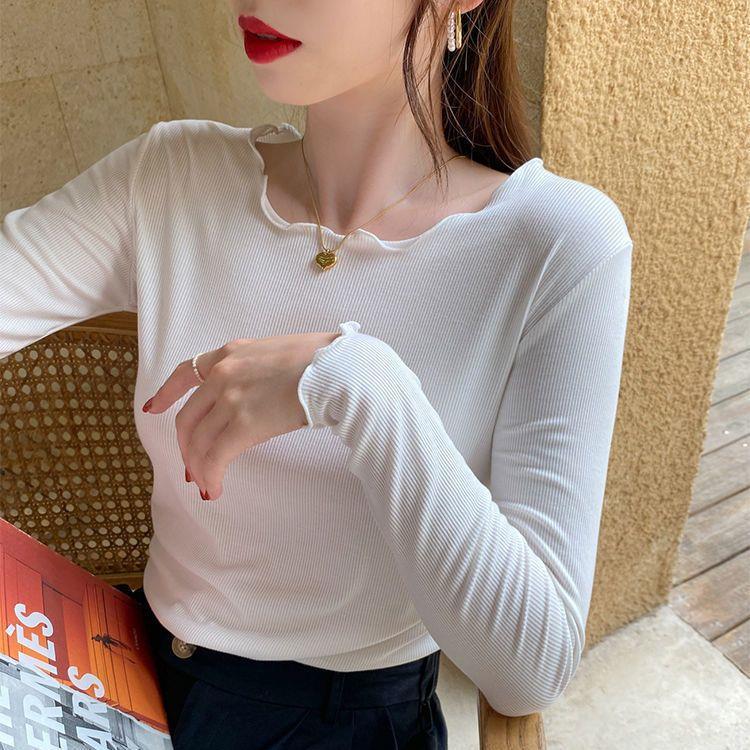 Color caramelo de madera oreja de manga larga Camiseta para mujer primavera nuevo desgaste interior Delgado estudiante color sólido fondo camisa ins top