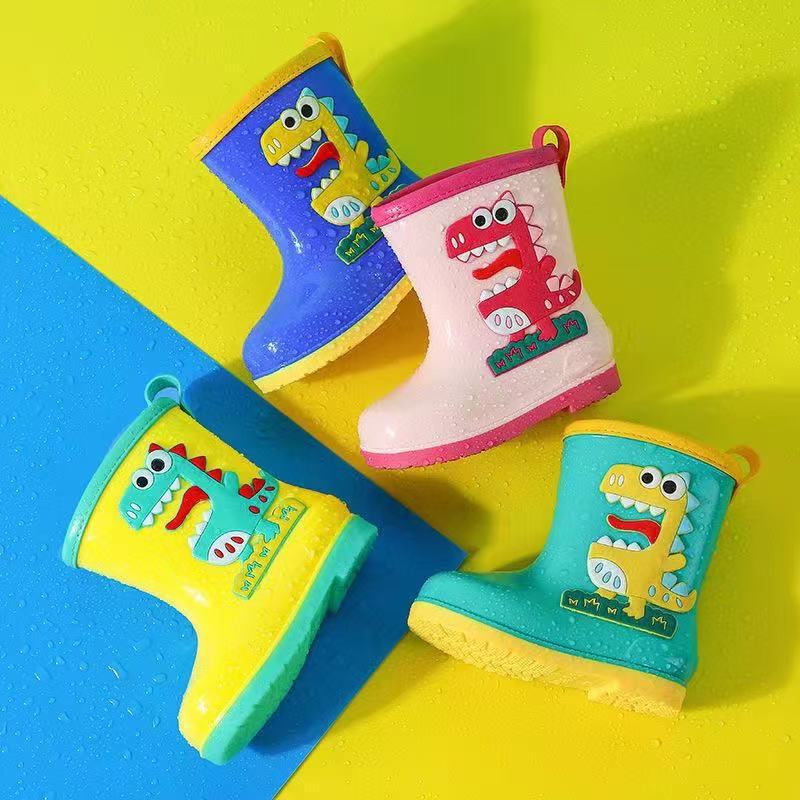 Export Cross-Border Children's Rain Boots for Boys and Girls, Cotton-Lined Rain Boots, Dinosaur Cartoon, Waterproof Shoes for Older Children, Fleece-Lined for Elementary School Students