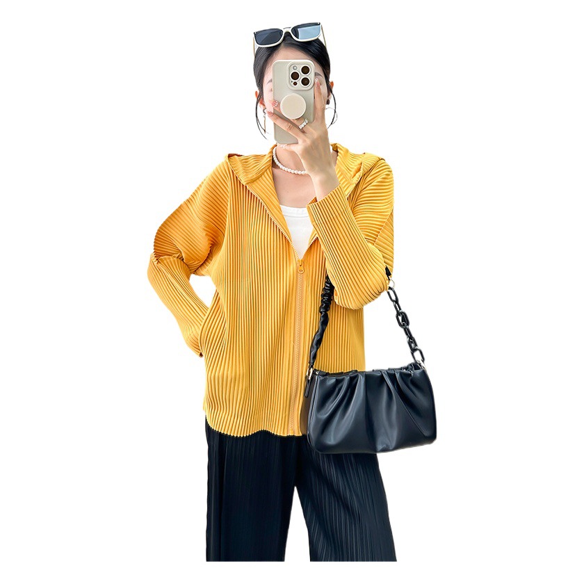 Comercio exterior Sanzhai Top para mujeres 2023 otoño nuevo casual simple versátil plisado de alta gama cremallera cardigan chaqueta con capucha