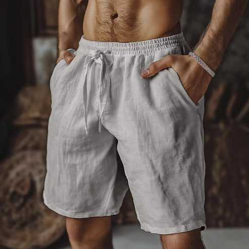 Cross-border 2025 summer European and American men's cotton and linen shorts lace-up elastic waist beach pants casual sports men