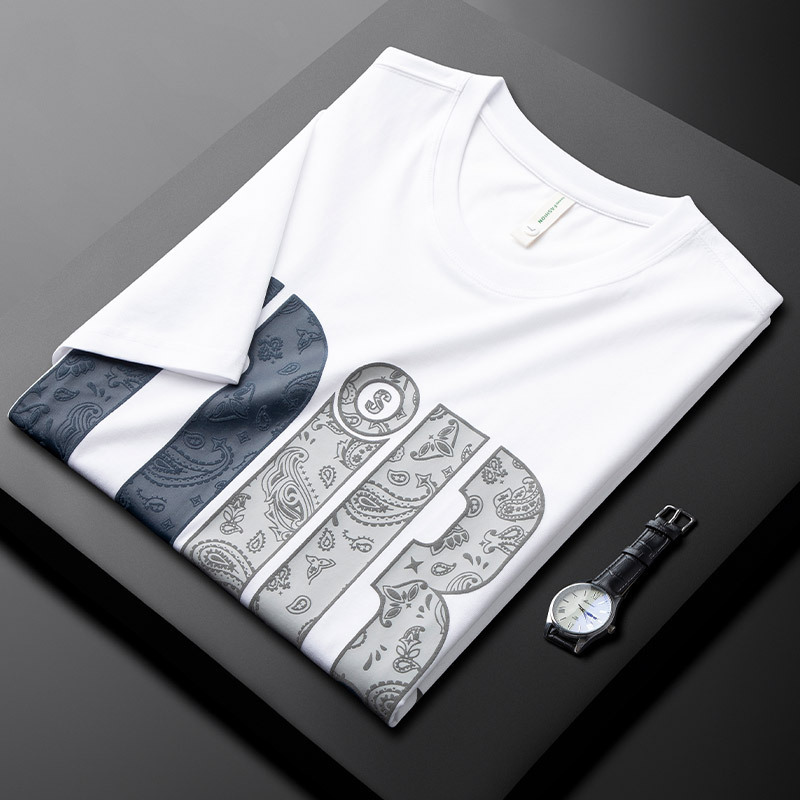 2026 New Spring and Summer Ice Silk Printed Short-Sleeve Heavyweight Men's T-Shirt, Round Neck, Slim Fit, Versatile, Xinjiang Cotton Trendy Tee