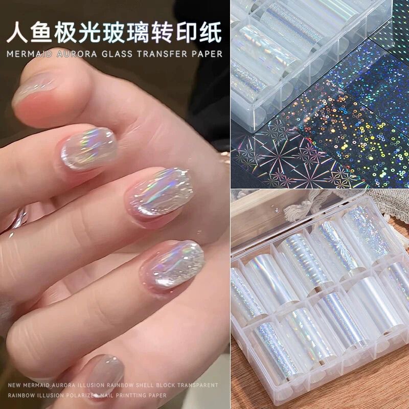 Internet Celebrity Manicure Transparent Mermaid Aurora Laser Transfer Paper Polarized Mother-Of-Pearl Mermaid Flashing Fantasy Sticker Nail Sticker