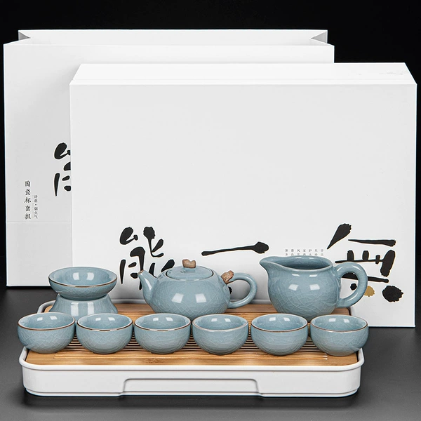 [Gift Box] Ru Kiln Hometown Auspicious Pot Set 9-piece Set + rectangular white tea plate + drinkable