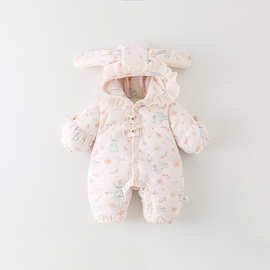 宝宝爬服冬季夹棉棉衣婴幼儿连体衣周岁生日礼服婴儿加厚保暖连帽