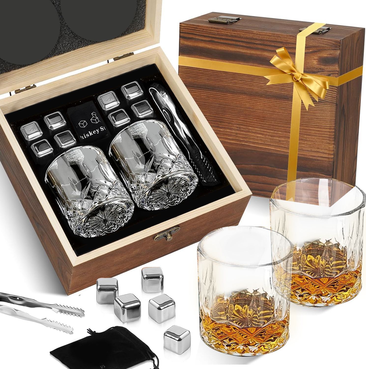 跨境热销冰酒石礼品威士忌木盒双酒杯礼物套装木制威士忌套装盒子