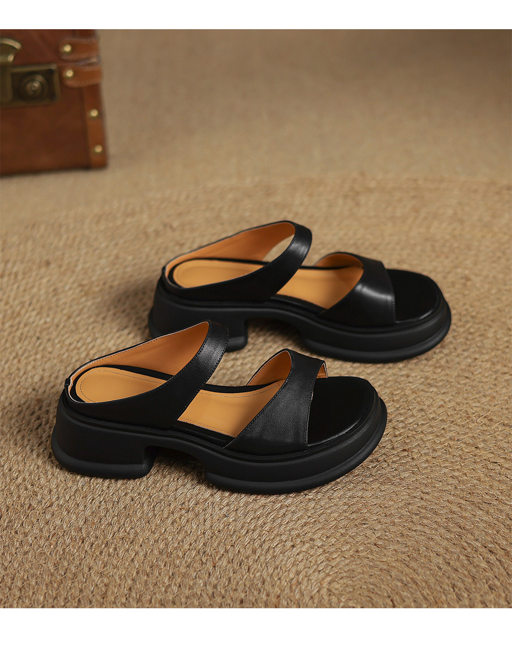 Dép sandal nữ quai ngang đế xốp da bò hở mũi gót thô cao — Màu đen chi tiết 17