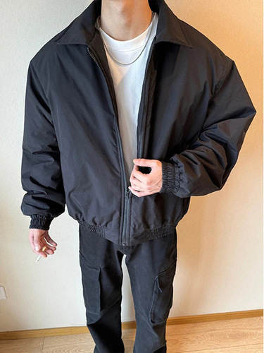 Black Cleanfit Cotton Jacket for Men - Spring and Autumn, American Style, Bulky, Short, Wide, Square Shoulders, Administrative Jacket, Trendy