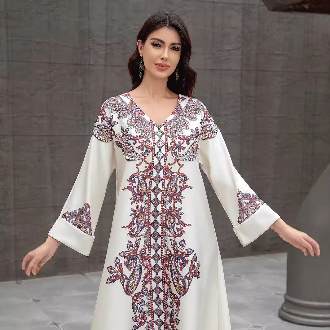 SW0826 Elegant Printed Beaded Long Robe Dress for Women (Cross-border Trade, Wholesale)