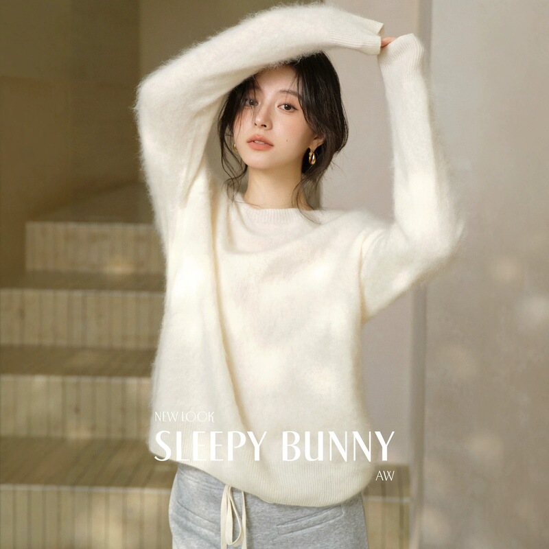 Shanghai Dan Nong Flagship Store / Women's White Wool Pullover Sweater, Spring Round Neck Knit Top for Layering Shanghai Dan Nong Flagship Store / Women's White Wool Pullover Sweater, Spring Round Neck Knit Top for Layering