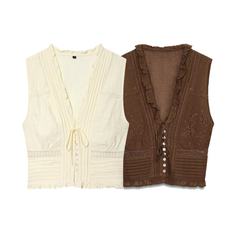 Pb&Za Cross-Border Women's Clothing Bow Tie Layered Decorative Sleeveless V-Neck Tulle Embroidered Top 7521016