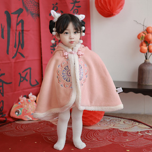 Children's Cape Winter fleece-lined Baby's Cape National Style Girl's Cape Embroidered Hooded Windproof Baby's Cape Winter