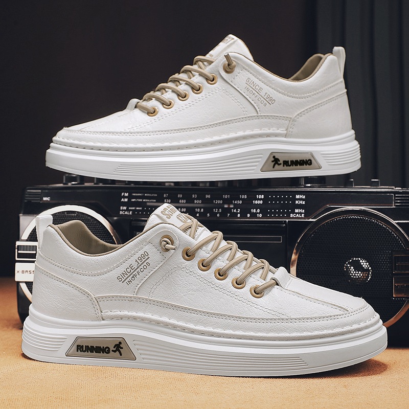 Vyriški bateliai „Board“, balti, skirti studentams, 2024 m. rudens nauji žemi plokščiapadžiai vyriški batai, odiniai sportiniai ir laisvalaikio madingi batai._voghion.com