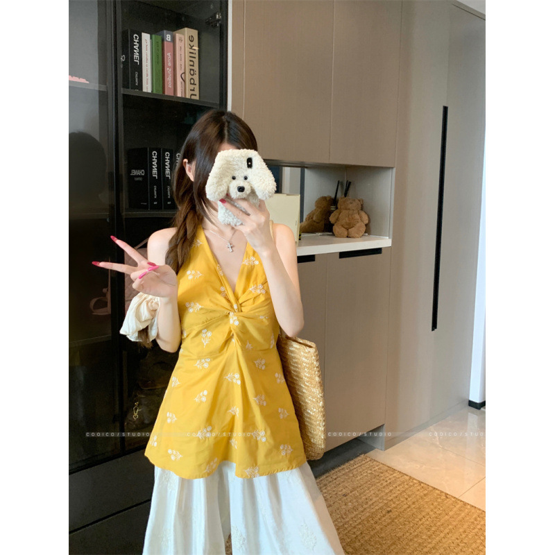 純綿フレンチパープル刺繍Vネックホルターネックキャミソールノースリーブウエストシャツデザインアウタートップ|undefined