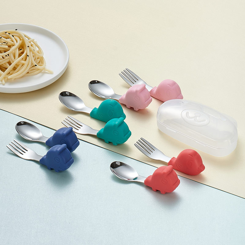 304 stainless steel Children's feeding silicone tableware baby short handle silicone spoon Fork set baby training complementary spoon