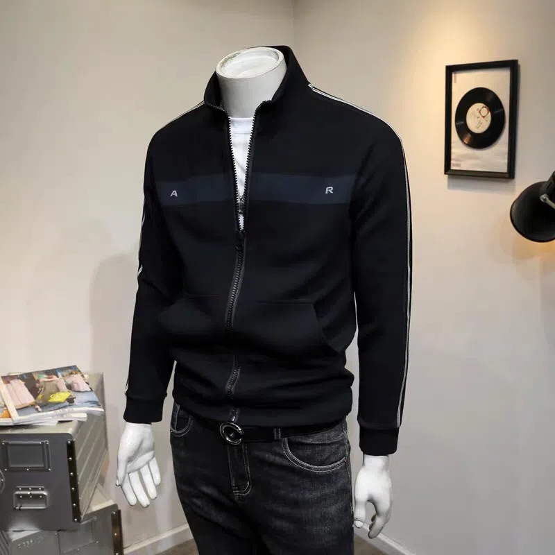 Del collar soporte suéter de los hombres cardigan cremallera lado rayas bordado deportes casual capa Corea moda primavera y otoño invierno