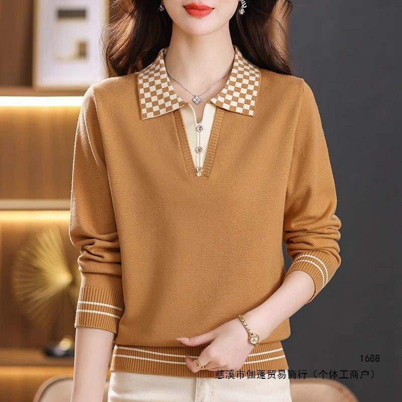 Color-blocked autumn plus-size top for women 100kg loose-fitting, slimming, stylish, turn-down collar knitted base shirt Color-blocked autumn plus-size top for women 100kg loose-fitting, slimming, stylish, turn-down collar knitted base shirt