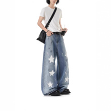 美式高街星星镭射印花牛仔裤男宽松复古水洗破洞阔腿裤潮牌直筒裤