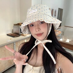 女性用日焼け止め帽子夏の新しいピンクの甘い小さな水玉模様の大きなつばのストラップ付きフィッシャーマンハット顔を大きく見せる小さな日よけ帽子トレンディ