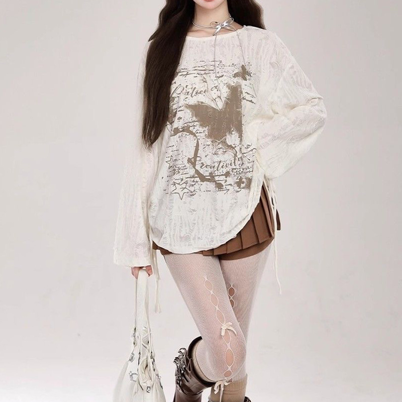 Rick Slack Sense Lazy Long-sleeved T-shirt Summer Sunscreen Trendy American Style Retro Street Spice Girl Printed Blouse Top
