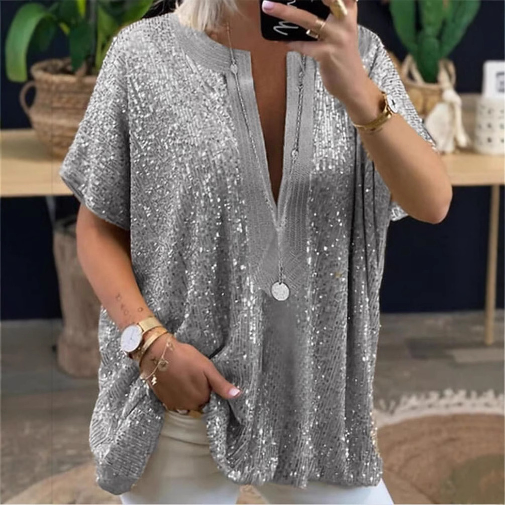 Външна търговия Европейски и американски нов стил AliExpress Европейски и американски нови свободни пайети с V-образно деколте и къси ръкави, ежедневни дълбоки V-образни пайети