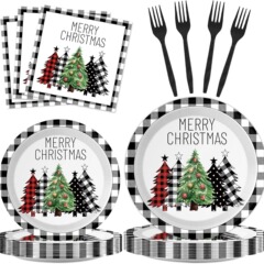 白黒格子クリスマスツリー食器セット使い捨て食器装飾用品クリスマスツリークリスマスパーティーセット
