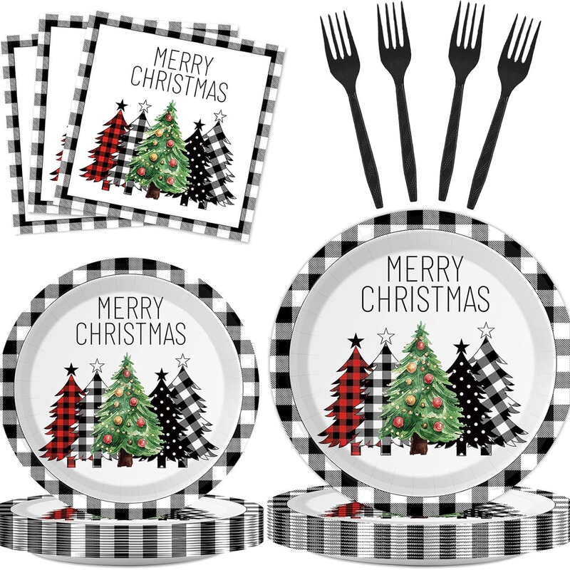 Black and White Plaid Christmas Tree Tableware suit Disposable Tableware Decoration Supplies Christmas Tree Christmas Party suit Black and White Plaid Christmas Tree Tableware suit Disposable Tableware Decoration Supplies Christmas Tree Christmas Party suit