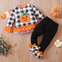 新型の外国貿易のハロウィンの子供の女の子の格子のプリントの長袖の格子の上着のラッパのズボンの服装の現物の卸売り