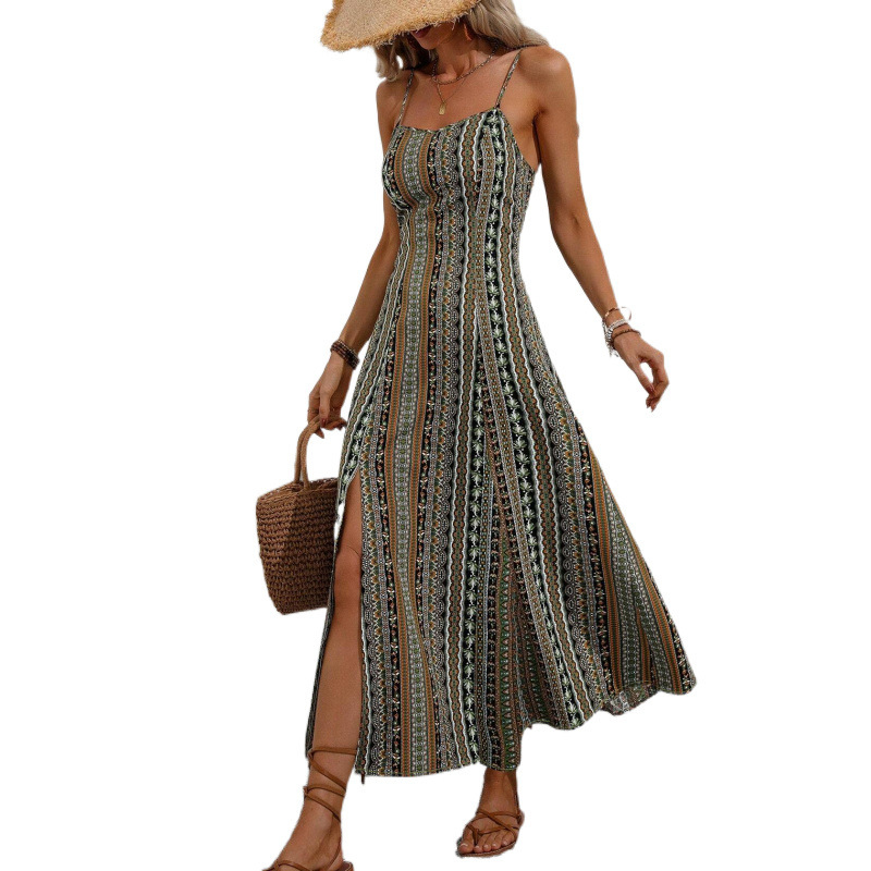 Cross-Border European And American Women's Clothing Bohemian Style Long Strap Slim Fit Slimming Split Design_voghion.com