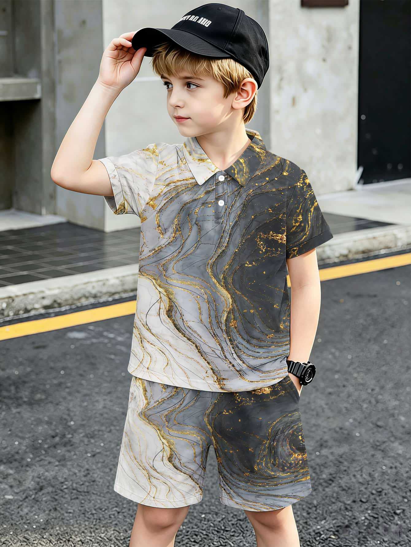 Conjunto de polo e calções para menino com estampado 3d_voghion.com