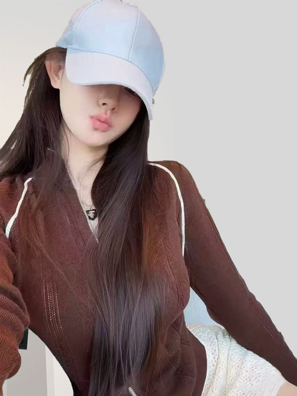 新款外套女装秋季撞色毛衣简约百搭字母拼色线条开衫针织拉链上衣|undefined