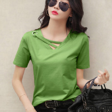 短袖女2025新款夏季白色t恤女V领宽松韩版大码180斤上衣ins体恤潮