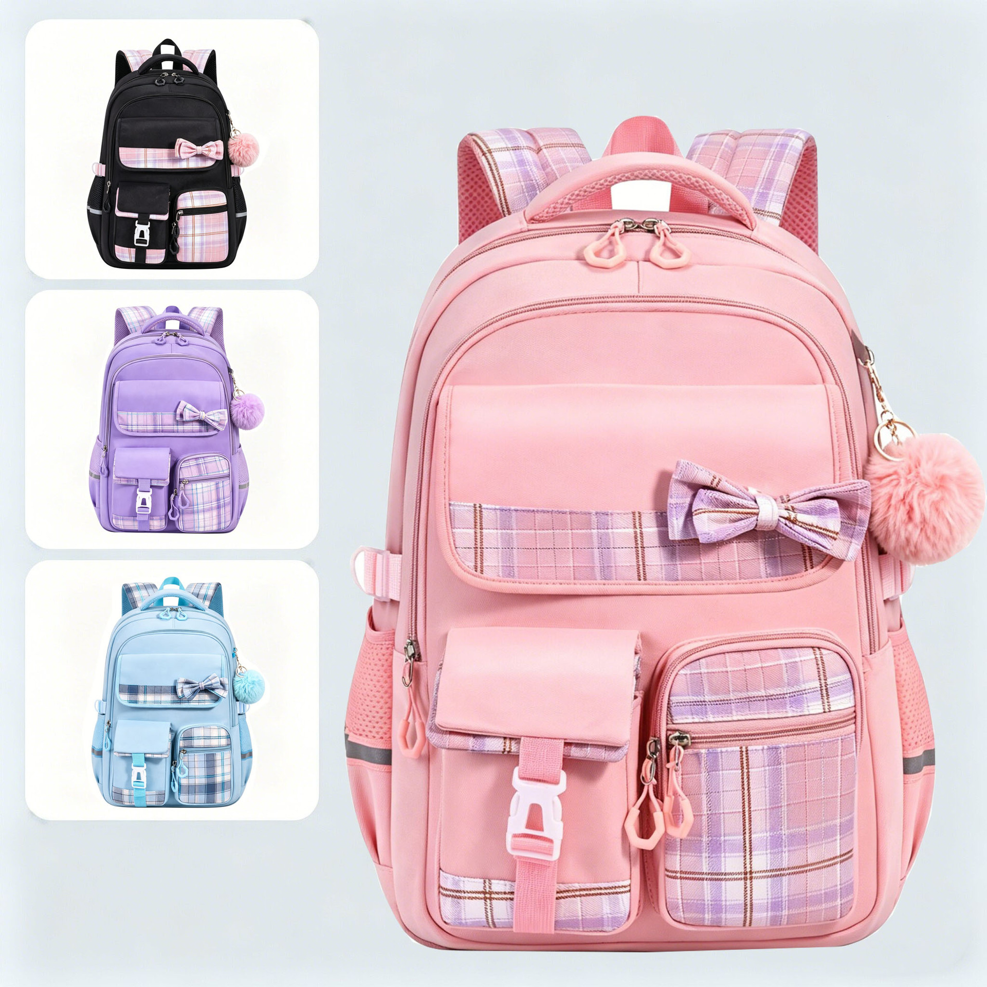 Neues grenzüberschreitendes Schleife-Dreibestandteile-Set Schulrucksack große Kapazität Doppeltragegurte für Mittel- und Oberschülerinnen sowie Studentinnen