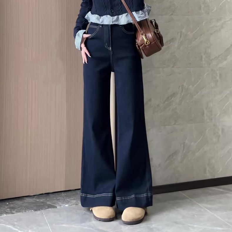 丹宁蓝阔腿牛仔裤女秋冬2025新款小个子高腰宽松显瘦加绒直筒裤子|undefined