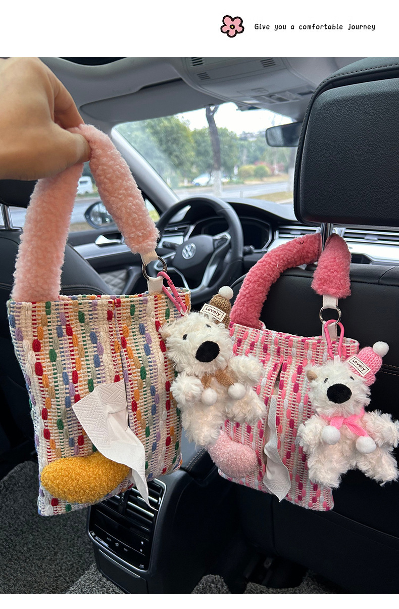 Car-mounted tissue box and trash bin 2-in-1, West Highland style, trendy car tissue bag, hanging type, high-end tissue bag for women