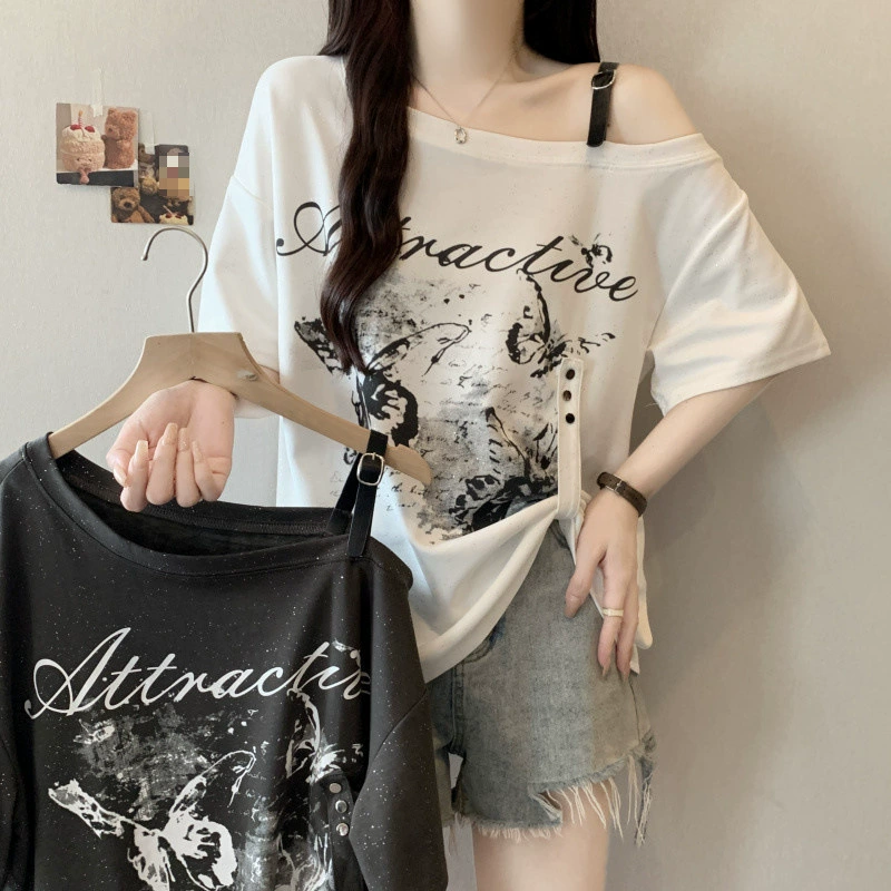 YS8 real shot plus size fat MM 2025, летняя новая американская милая и крутая стильная элегантная рабочая одежда, универсальная футболка с короткими рукавами