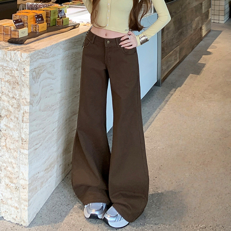 【Han Niu】College-Style Low-Waist Loose-Fitting Flared Pants for Petite Women, American-Style Brown Coffee Color Slightly Flared Jeans for Women