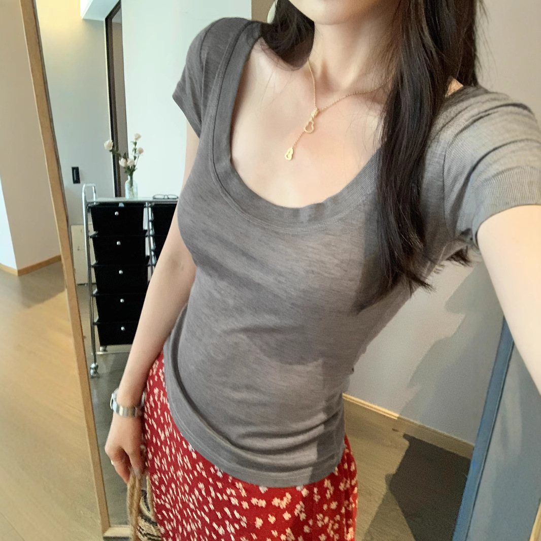Thin Slightly Translucent Large Round Neck Waisted Short-Sleeved T-Shirt 2025 Spring and Summer New Design Slim Fit Top for Women