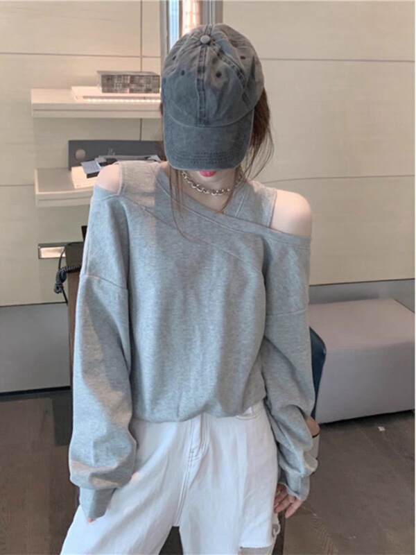 港风假两件拼接卫衣女士2025春秋新款简约设计感露肩宽松休闲上衣|undefined