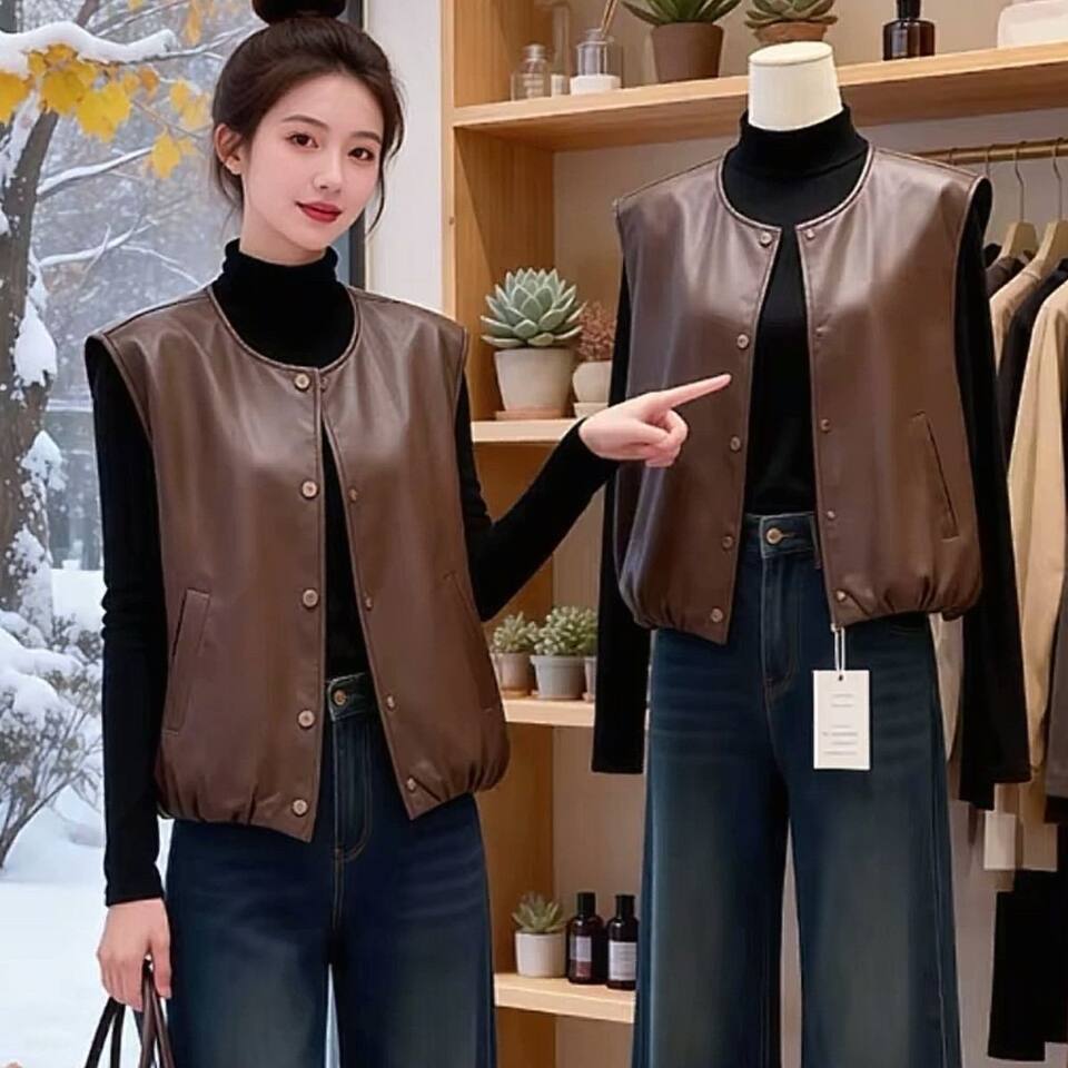 Áo gile da PU nữ dáng ngắn không tay cổ tròn phối layer form rộng — Màu nâu cà phê, màu đen chi tiết 7