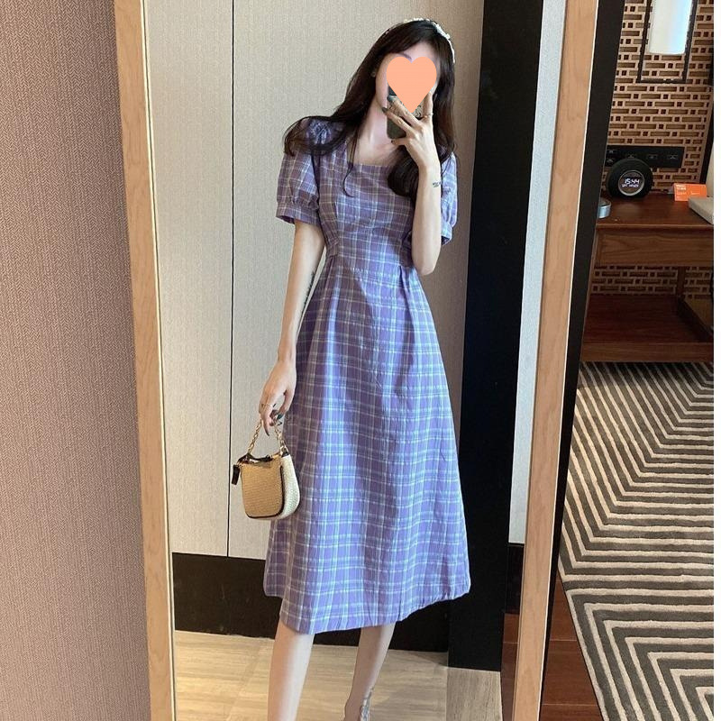 2026 Summer Vintage Dress with Elegant Square Neck, Mid-Length, Waist-Cinching, Short-Sleeved Plaid Dress for Women, Vacation Style