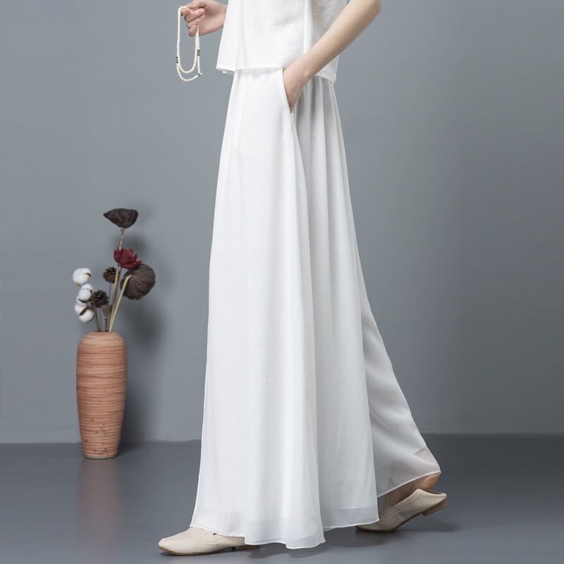 High-Quality Ice Silk Chiffon Wide-Leg Pants with Pockets for Women, Suitable for Spring, Summer, and Autumn, Featuring a Drapey Casual Style for Wellness Centers and Artistic Skirts